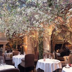 a dining room with tables and chairs covered in white tablecloths, surrounded by flowering trees