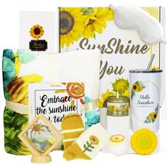 PRICES MAY VARY. 🌻【Warm Sunflower Gift Box】This is a gift sets for women that filled with sunshine, hugs, love, contains 11 handpicked thoughtful pieces: 20oz insulated tumbler with straw, jasmine and marigold scented candle, 39x59in sunflower blanket, soft fuzzy socks, sleep eye mask, bath bomb, bath soap, bracelet with display stand, gift card & elegant gift box. Write your sincere greetings on gift card and send the gift box, believe that this thoughtful gifts will put a smile on her face. ? Gift Basket For Girlfriend, Basket For Girlfriend, Valentines Day Gift Basket, Sunshine Gifts, Sunflower Cup, Sunshine Box, Sunflower Blanket, Sending Sunshine, Face Unique