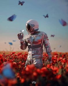 an astronaut standing in a field of red flowers with butterflies flying around him and looking at the ground