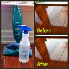 a collage of pictures showing how to clean hardwood floors with vinegar and baking soda