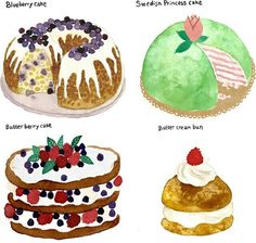 four cakes with different toppings are shown in watercolor and ink on white paper