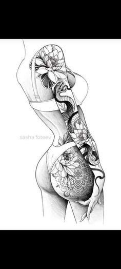 a black and white drawing of a woman's torso with tattoos on it,