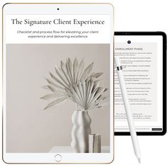 the signature client experience on an ipad next to a tablet with a pen in it