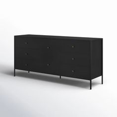 a black dresser with four drawers on one side and two legs, in front of a white background