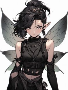 an anime character with black hair and wings on her head, wearing a black outfit