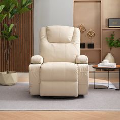 a white recliner chair sitting in a living room next to a potted plant