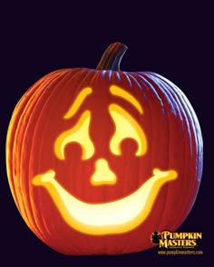 a carved pumpkin with an evil face on it's side and the words, pumpkin masters