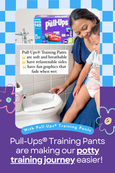 a woman holding a baby in front of a toilet with the caption pull ups training pants are making our potty training easier