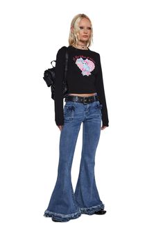 Look like a royal at school with these pants that have a denim construction, a washed finish, a flared leg silhouette with ruffled details, bow appliques on the front pockets, back pockets, and a front zipper and button closure. Flared Denim Jeans, Bow Applique, Flared Denim, Denim Jeans Pants, Princess Core, Sugar Thrillz, Flare Denim Jeans, Pride Outfit, Fairy Dress