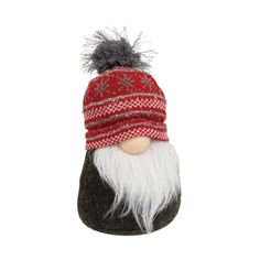 an old man wearing a red and white knitted hat with long white beards