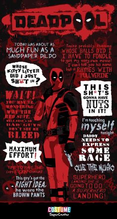 the deadpool poster is shown in red, black and white with words above it