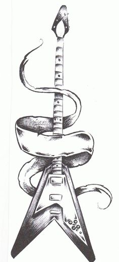 a black and white drawing of a guitar with a snake on it's neck