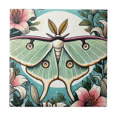 a painting of a moth with flowers on it's wings and the moon in the background