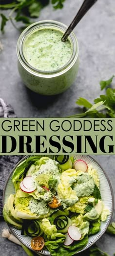 green goddess dressing in a bowl and on a plate