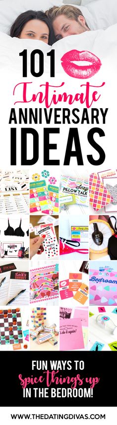 a collage of images with text that reads 101 ultimate anniversary ideas fun ways to celebrate in the bedroom