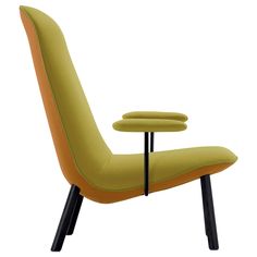 a yellow chair with black legs and an orange seat cushion on it's back