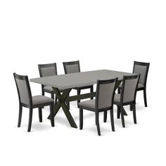 an image of a dining table and chairs with grey upholstered backrests