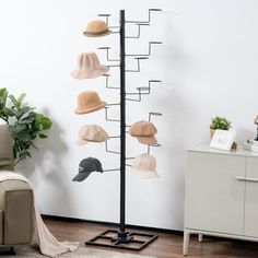 a hat rack with hats on it in a living room