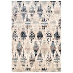 a rug with an abstract design on the front and back of it in blue, beige and white colors