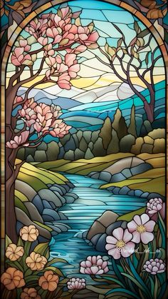 a stained glass window with flowers and trees