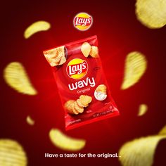 a bag of lays potato chips flying through the air with text that reads, i have a taste for the original