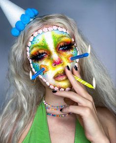 Makeup ideas for Halloween 🎃 
Girls Birthday Cake Makeup Look, Halloween Candy Makeup, Cake Makeup Look, Birthday Clown Makeup, Birthday Cake Makeup, Cupcake Makeup, Cake Face Makeup, Box Trolls, Kawaii Spooky