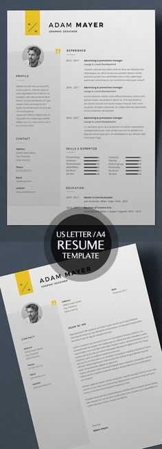 two resume templates, one with yellow accents and the other with black letters on it