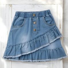 Darling Denim Skirt! It Is: Darling Distressed Edges 2 Layers Of Denim Ruffles 2 Pockets 3 Buttons In Front Are Embellishments Only Material: 100% Cotton Measurements: Size 12-18 Months Length: 11" Waist: 18" Size 2t Sold Out! * Comes With A Small Thank You Gift! Sister Clothes, Mini Skirt Fashion, Blue Denim Mini Skirt, Blue Jean Skirt, Rock Outfit, Blue Denim Skirt, Jeans Skirt, Skirt Short, Girls Denim