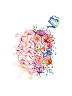 a watercolor drawing of a brain with flowers on it