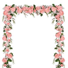 a pink and white flowered frame with greenery