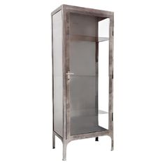 a metal and glass display cabinet with shelves on each side, against a white background