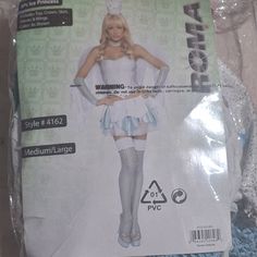 the costume is made to look like a woman wearing a white dress and silver stockings