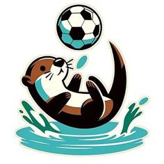 an otter playing with a soccer ball in the water, on top of a wave