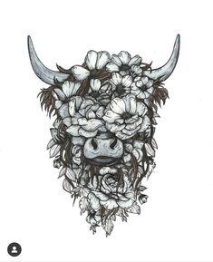 a drawing of a bull with flowers on it's head and horns in the center