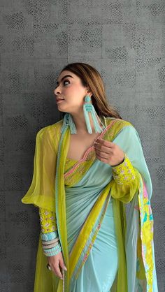 Trending Sari Design, Gurleen Gambhir, Elegant Pre-draped Saree For Summer Festivals, Bright Color Saree, Summer Party Multicolor Pre-draped Saree, Summer Bollywood Style Pre-draped Saree, Colorful Saree, Colourful Saree, Latest Saree Designs