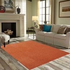 a living room filled with furniture and a red rug on the floor in front of a fire place