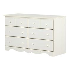 a white dresser with four drawers and two pulls on the bottom drawer, in front of a white background