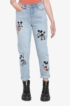 New mom jeans? Oh, boy! These light washed ones feature embroidered images of Mickey Mouse throughout the years. Mickey Mouse Patch Jeans, Pants For Disney World, Disneyland Jeans, Images Of Mickey Mouse, Inappropriate Clothing, Embroidered Mom Jeans, Disney Outfits Women, Jeans Art, Disney Clothing