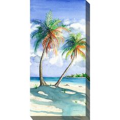 watercolor painting of two palm trees on the beach