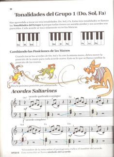 sheet music with pictures of animals and musical notes in spanish for children to play on