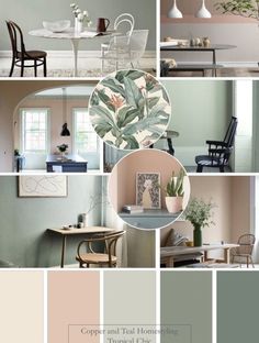 a collage of different shades of green and pink with white furniture in the background