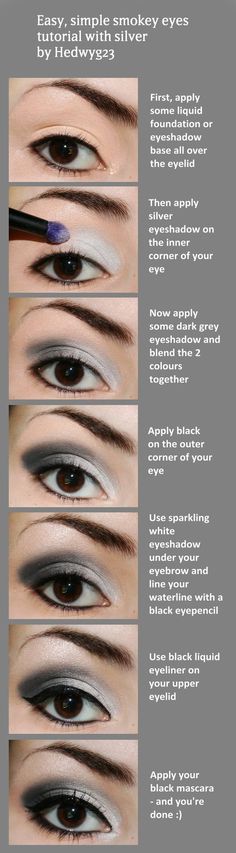 Easy Simple silver smokey eye makeup tutorial #eyes #makeup #steps Smokey Eyes Tutorial, Silver Smokey Eye, Smokey Eye Easy, Mekap Mata, Grey Eyeshadow, Silver Eyeshadow, Smokey Eye Tutorial, Smokey Eye Makeup Tutorial, Linda Hallberg