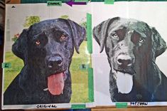 two pictures of black dogs with their tongues hanging from them's sides, one is colored and the other has his tongue out