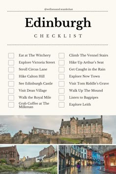 the edinburgh checklist is shown with pictures of buildings and people walking around in it