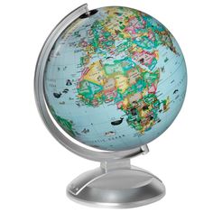 a blue and white globe on a metal stand with an image of the world in it