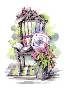 a drawing of a chair with flowers in it