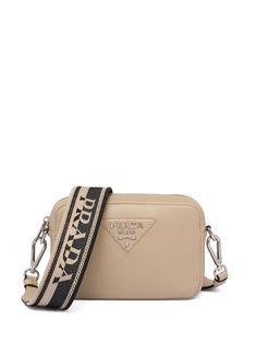 sand beige leather pebbled texture silver-tone logo lettering top zip fastening main compartment detachable logo shoulder strap Brown Prada Bag, Small Leather Bag, Crystal Shoes, Prada Leather, Prada Crossbody, Designer Crossbody Bags, Orange Bag, Prada Crossbody Bag, Sand Beige