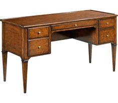 a wooden desk with two drawers on one side and an open drawer on the other