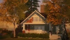 a painting of a house with trees in the front yard and bushes on either side