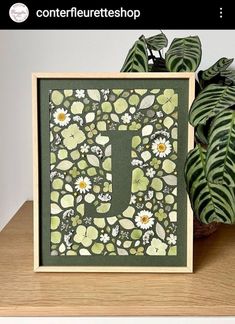 a card with the letter j on it next to a potted leaf and plant